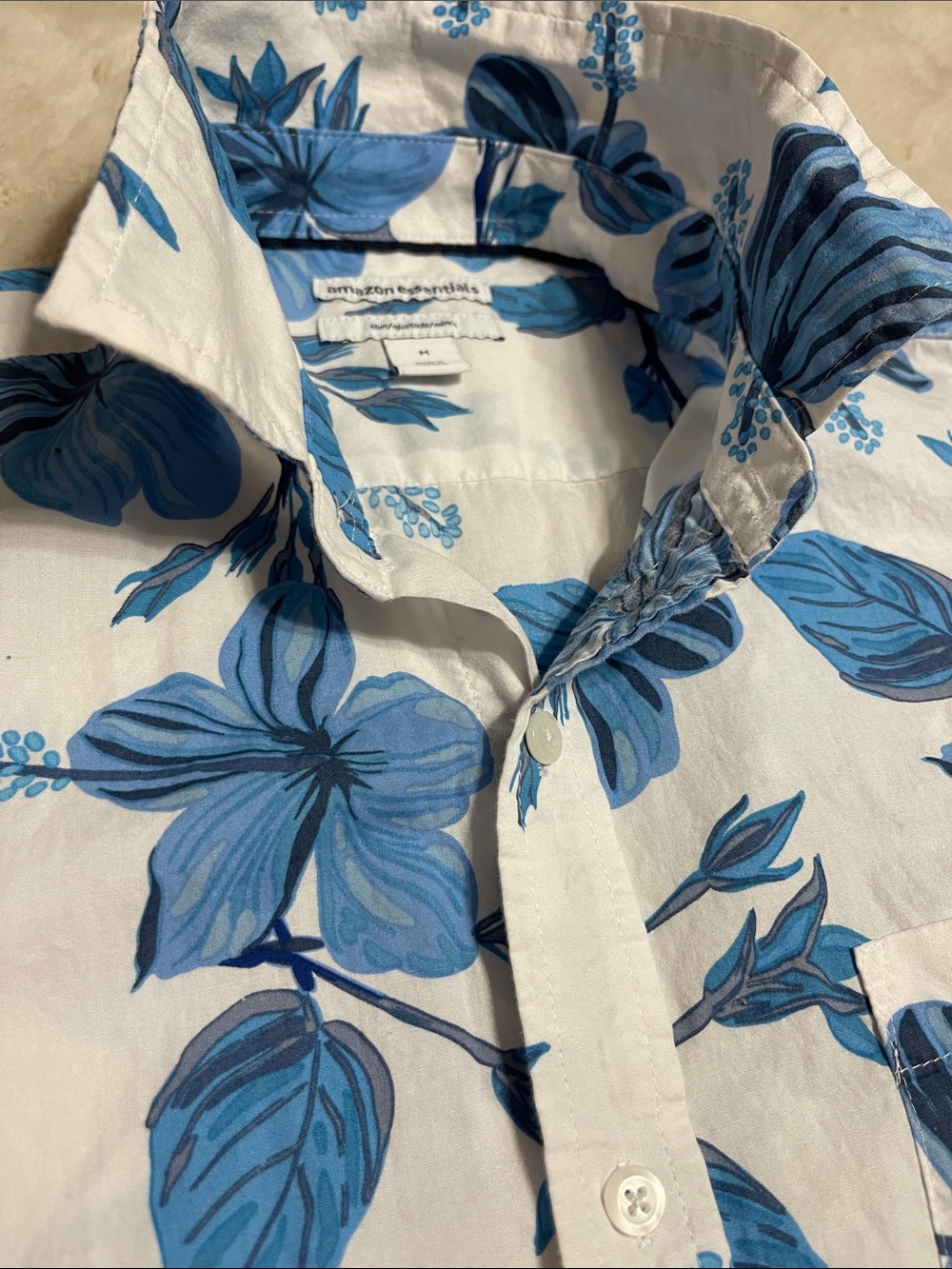 Amazon Essentials Men’s White Button-Down Shirt with Blue Floral Print